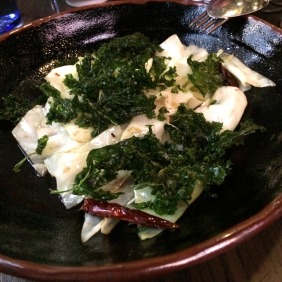 Stir-fried white cabbage with dried chilli, Sichuan pepper and crispy kale