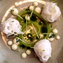 Sous vide calamari, fermented apple juice, oyster cream, salted cucumber and dill oil by Dave Verheul, The Town Mouse, Victoria