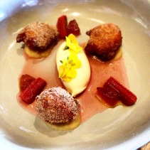 Apple Zeppole - rhubarb and rosewater soup with mascarpone