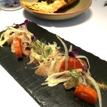 Miso cured kingfish with burnt carrots, fennel and blood orange