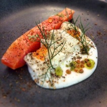 Cured ocean trout with buttermilk, kohlrabi, anise oil, bronze fennel pollen and vegetable ash from Botanic Gardens Restaurant, Adelaide