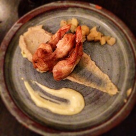 Prawns in brik pastry on parsnip puree with sage and cumin apple confit and Provencale Aoili