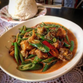 Pork Belly Dry Red Curry, Green Beans and Green Peppercorns
