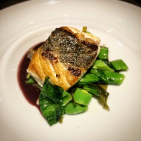 Mulloway with red wine, shallots, fresh peas, wakame and thyme